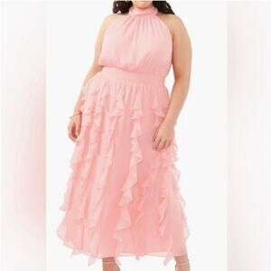 Womens 1State Pink Flounce Cascading Halter Maxi Dress